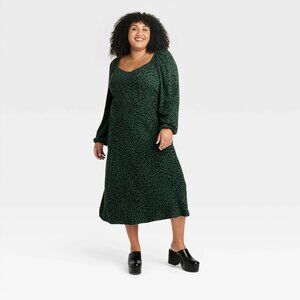XXL - Womens Long Sweetheart Woven Empire Waist Dress - Ava Viv - Green Cheetah